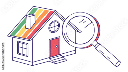 House property inspection concept with magnifying glass over a colorful roof, symbolizing energy efficiency assessment, home evaluation, property search, and real estate
