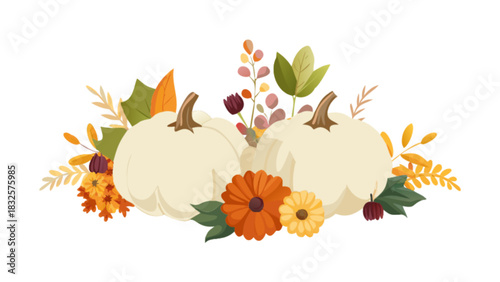 White pumpkins with autumnal leaves and colorful flowers illustration, perfect for fall harvest, thanksgiving, and seasonal decor, isolated on white background