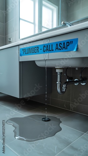Urgent plumbing repair needed for leaky sink in modern bathroom with water damage on stylish tiles