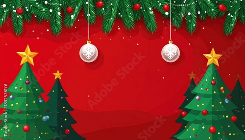 Festive Christmas Background with Decorated Trees and Ornaments.