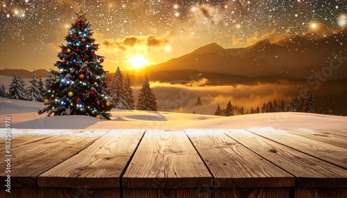 Magical Winter Sunset Over Snowy Mountains with Decorated Christmas Tree and Wooden Table.