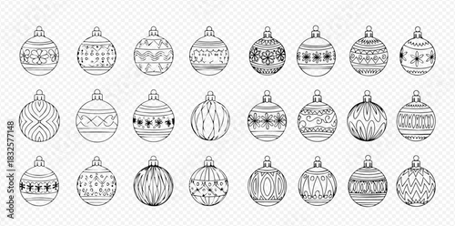 A collection of hand-drawn Christmas baubles with various intricate patterns.
