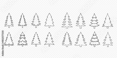 Collection of various outline Christmas tree icons on a transparent background, featuring different shapes and styles of evergreen trees.