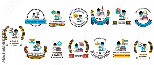 A series of badges with a man in a lab coat