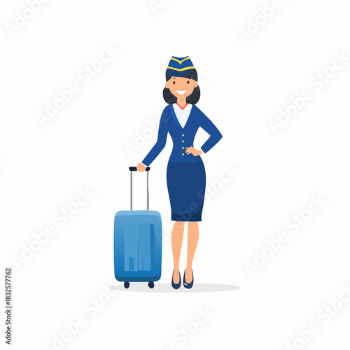 Friendly female flight attendant standing with blue luggage, professional, isolated white background.