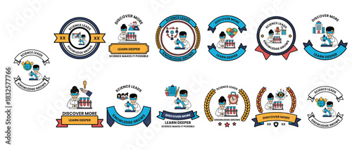 A collection of badges with a boy in a lab coat
