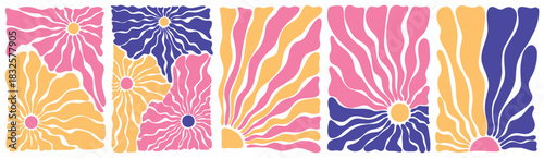Groovy hippie 70s backgrounds. Vintage background with sun and flower. Summer vibe design. Pink, yellow, violet colors. Doodle shapes in trendy naive hippie 60s 70s style. Hand drawn vector art