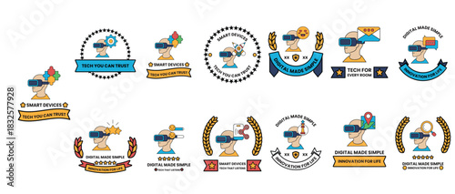 A collection of badges with a man in a virtual reality headset