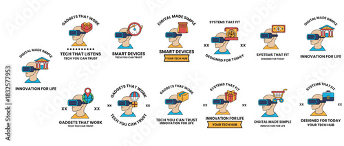 A series of images of people wearing virtual reality goggles