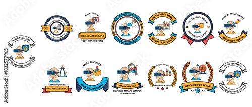 A collection of badges with a man in a virtual reality headset