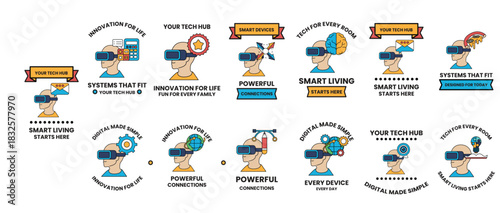 A series of images of people wearing virtual reality goggles