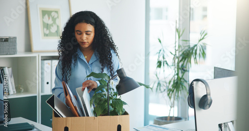 Photos Unemployed, woman or packing with box for leaving work, contract termination or layoff in finance agency