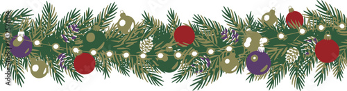 Christmas garland with pine branches ornaments and lights
