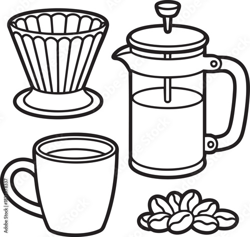 Black and white line art vector illustration of coffee brewing equipment and beans french press