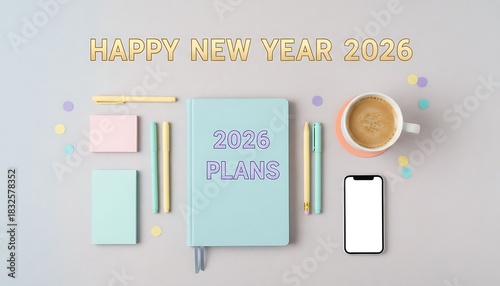 Flat lay of a 2026 planner, coffee, phone, and stationery on a light grey background, with 