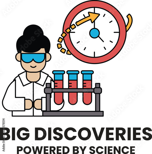 A woman in a lab coat is holding a test tube and a clock is behind her