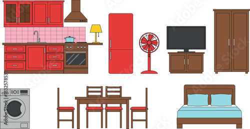 Realistic Vector Illustration Set of Gold Wedding Bands, Interlocking Rings, and an Engagement Ring with Diamond in a Red Presentation Box.