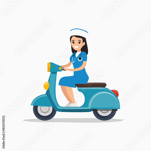 Dedicated Female Nurse in Medical Uniform Riding Blue Scooter with Stethoscope, isolated white background.
