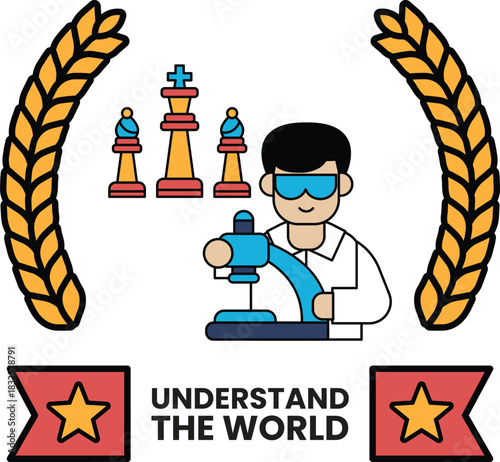 A man in a lab coat holding a microscope with a banner that says "understand the