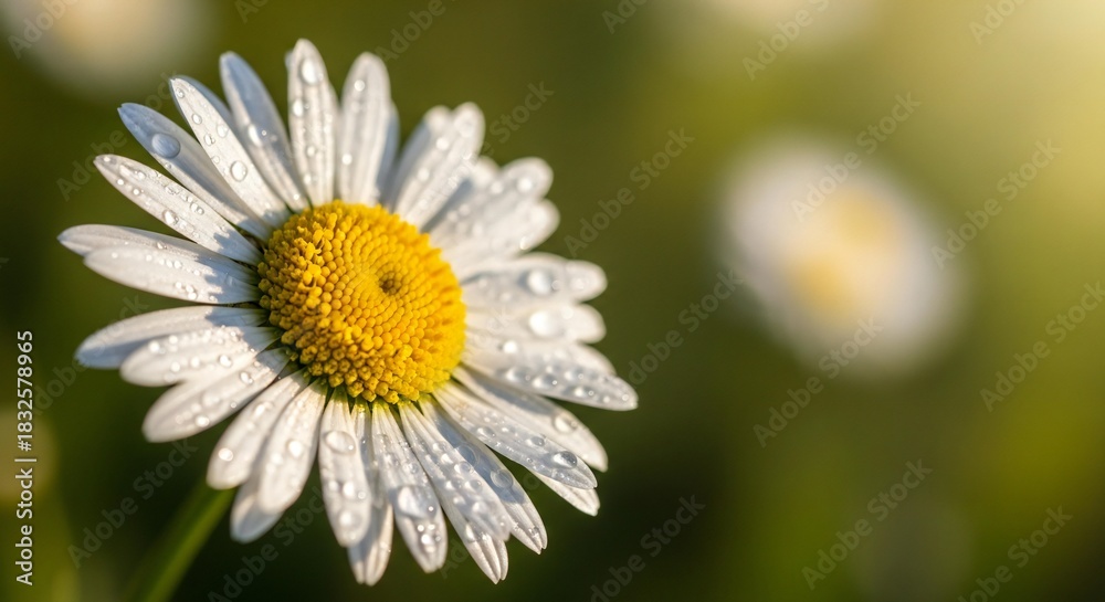 Fototapeta premium Delicate daisy close-up with glistening water droplets under the gentle sunlight nature