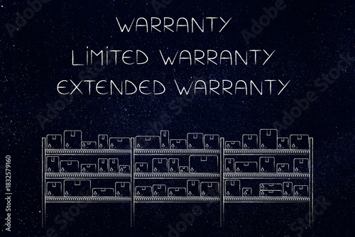 warranty illustration with product boxes on warehouse shelves