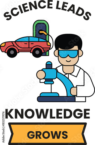 A man in a lab coat is holding a microscope and looking at a car