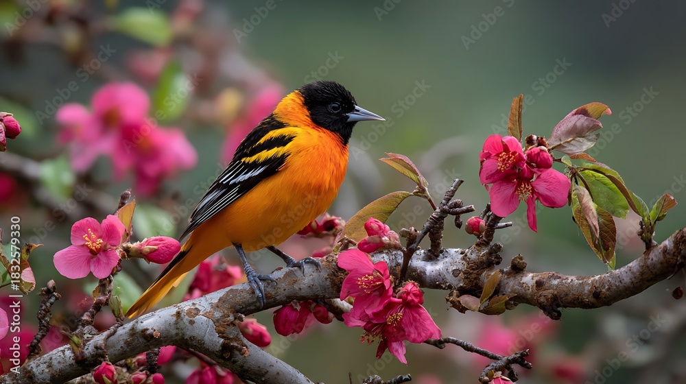 Obraz premium A colorful small robin with an orange breast and black beak sits on a tree branch in beautiful green nature