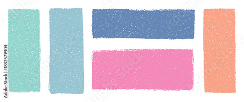 Hand drawn pastel crayon rectangles and squares with grain texture. Colorful abstract text boxes, rough geometric shapes, doodle grunge frames. Empty speech bubbles, vector design background