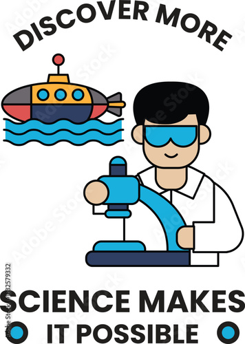 A man is holding a microscope and a submarine is in the background