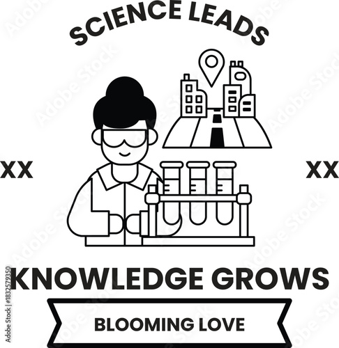 A woman in a lab coat holding a beaker with a city in the background