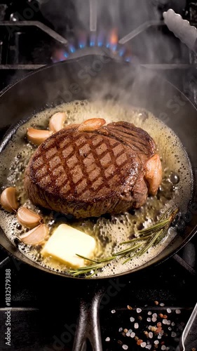 Perfectly searing a steak with garlic and herbs in a hot skillet for delicious flavor and texture