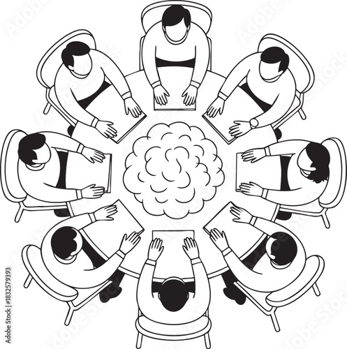Eight people sitting around a round table with a cloud symbol in the center meeting discussion