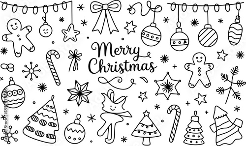 Black and white doodle set of Christmas ornaments and figures
