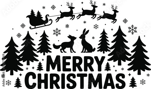 Black silhouette of Santa's sleigh with reindeer over pine trees and animals