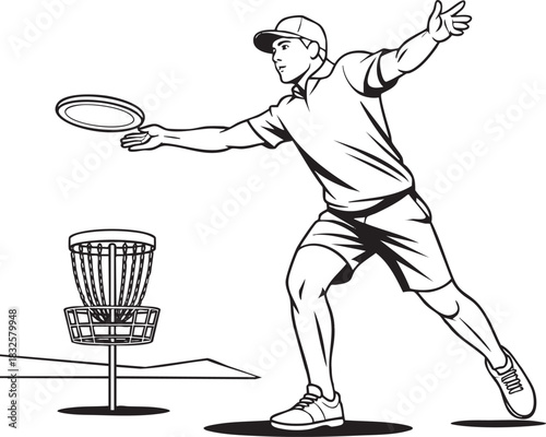 Man in cap throwing disc towards basket in disc golf game sport player