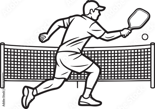 Man playing pickleball hitting ball with paddle over net in black and white vector graphic sport