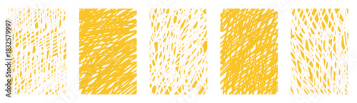 Vector doodle scribbles yellow white combo, abstract vertical childlike sketchy lines. Hand drawn texture backgrounds with curved maze strokes. Creative funky artistic kids scribble panel layout