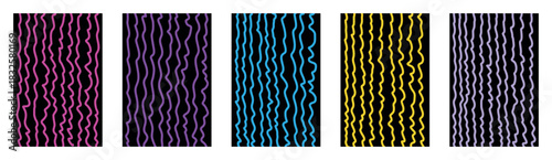 Bright colorful vector wavy stripe patterns set. Funky organic uneven fluid lines. Retro kids doodle squiggles. Groovy hand drawn curved maze texture. Abstract summer shapes on transparent backgrounds