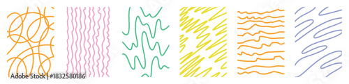 Bright abstract vector set of funky childish doodle backgrounds with colorful fluid hand drawn squiggly lines, wavy organic curves, energetic sketch shapes, chaotic maze patterns, swirls, motion
