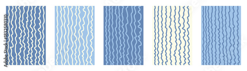 Retro pastel wavy child doodle backgrounds set. Blue cream light blue abstract lines with fluid distortion. Hand drawn wriggly squiggly contours. Organic motion design vector art on transparent