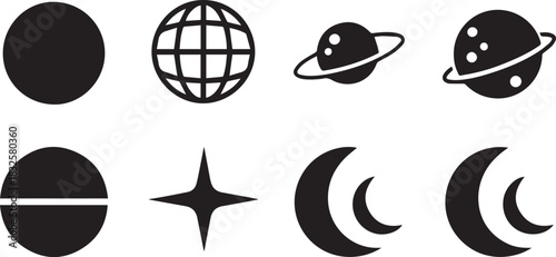 Celestial and Geometric Shapes Icons Keywords: space, planet, earth, globe, star, moon, crescent
