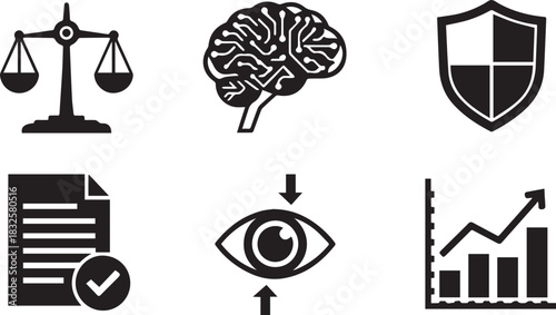 Legal, Brain, Security and Data Icons Set Keywords: law, justice, scales, brain, mind, thinking