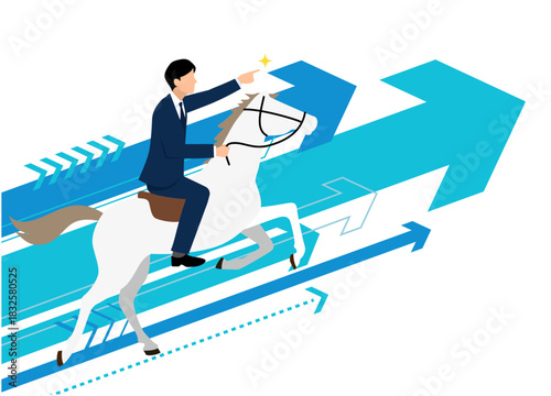 企業年賀状 2026 白馬に乗って走るビジネスマンと青い矢印のイラスト、ベクター素材