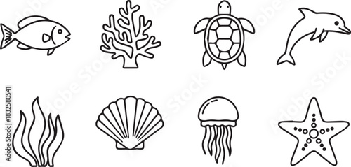 Marine Life Icons Set Keywords: marine life, sea creatures, ocean, underwater, icons, set