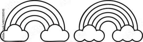Two simple black line art rainbows with clouds on white background weather