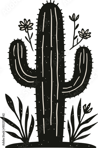 Wallpaper Mural Bold Black Cactus Silhouette – Minimalist Desert Plant Line Art Torontodigital.ca