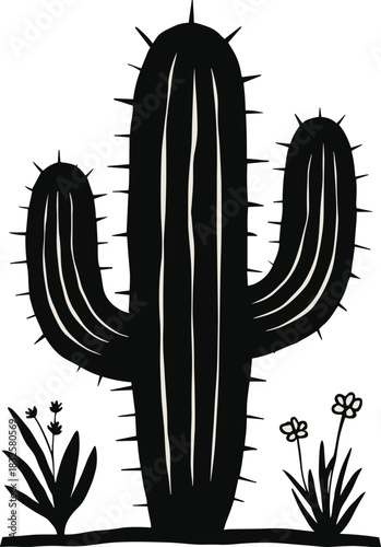 Wallpaper Mural Bold Black Cactus Silhouette – Minimalist Desert Plant Line Art Torontodigital.ca
