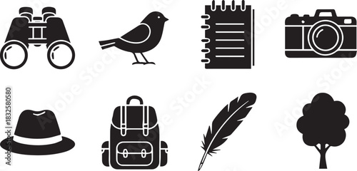Outdoor adventure and nature exploration icons binoculars