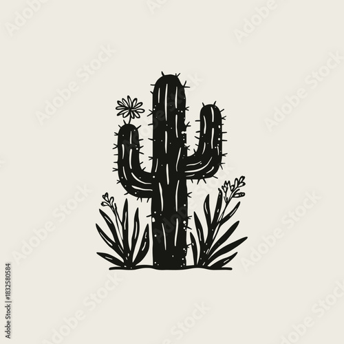 Wallpaper Mural Bold Black Cactus Silhouette – Minimalist Desert Plant Line Art Torontodigital.ca