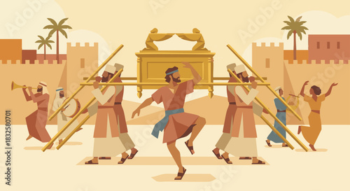 David Brings the Ark to Jerusalem
David dancing in front of the Ark carried by priests, stylized geometric shapes for the Ark’s poles, muted gold, warm clay colors, clean rhythmic composition. Bible